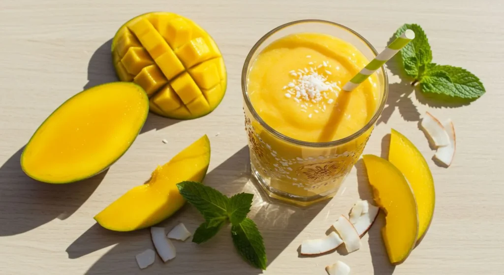 Overhead view of tropical mango smoothie in decorative glass with straw, surrounded by fresh mango slices, mint leaves, and coconut flakes on a light-colored surface