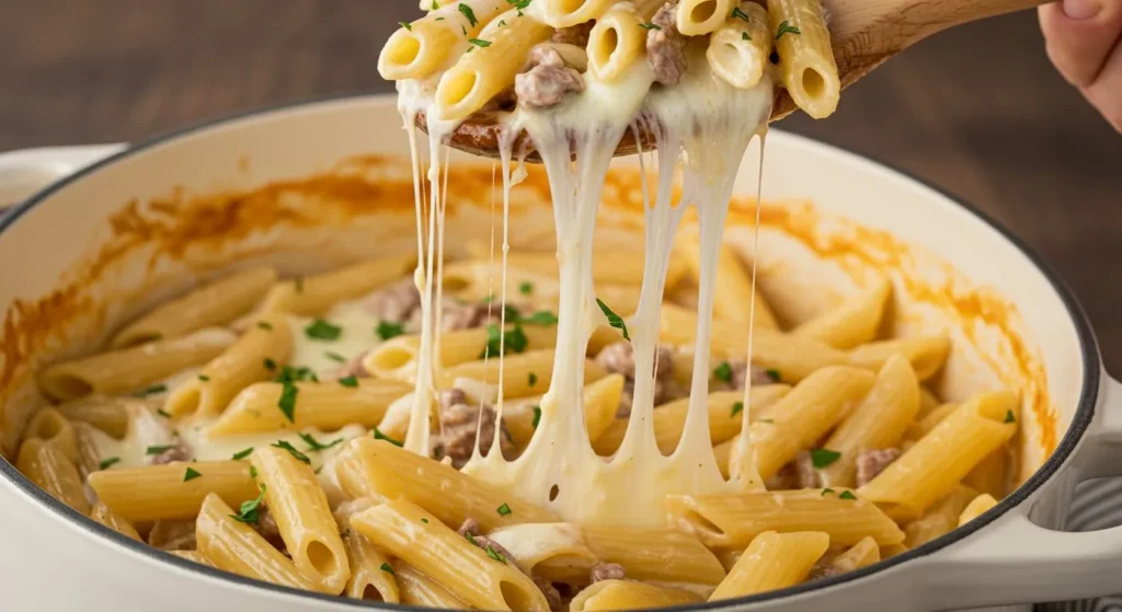 Creamy one-pot pasta served in a large white bowl with fresh herbs sprinkled on top and a wooden spoon resting beside it
