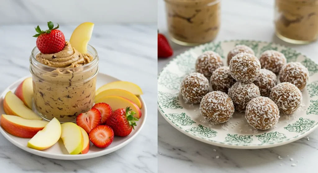 ![Protein cookie dough served in different ways - as a dip with fruit and as energy balls](Image description: Protein cookie dough presented in two ways - in a small jar with apple slices and strawberries for dipping, and formed into bite-sized balls rolled in coconut flakes on a decorative plate)