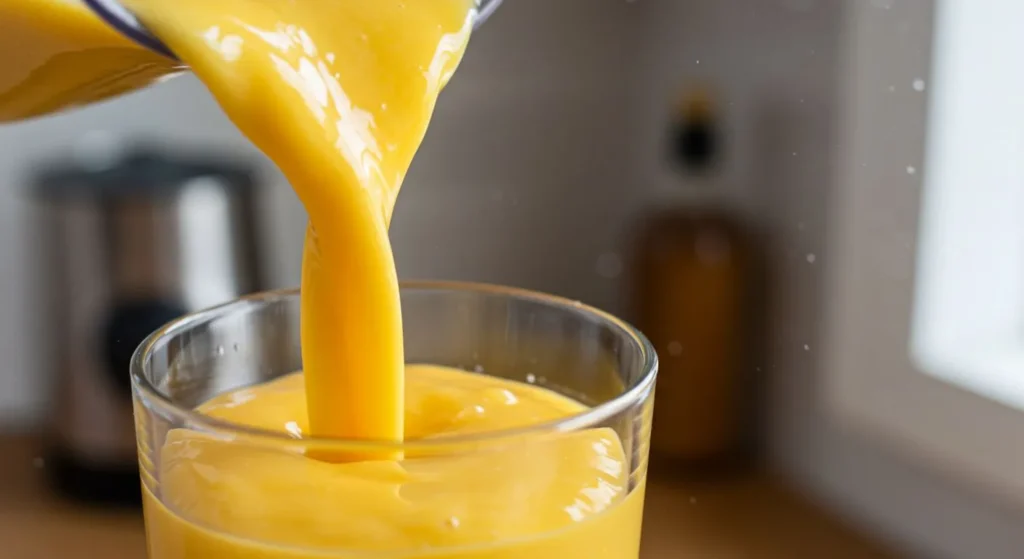 Close-up of tropical mango smoothie being poured from blender into glass, capturing the vibrant yellow-orange color and smooth texture