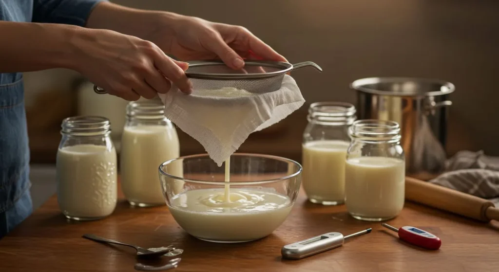 A warm kitchen scene showing hands straining yogurt through cheesecloth-lined strainer into a bowl, with the whey visibly draining out. Include glass jars of fresh yogurt in the background, a thermometer, and other yogurt-making equipment arranged naturally on a wooden counter. The lighting should be warm and inviting, suggesting home comfort and the satisfaction of creating something delicious from scratch. Show the step-by-step process in action with a cozy, homemade feel.