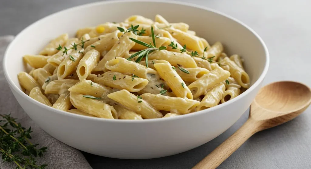 Creamy one-pot pasta served in a large white bowl with fresh herbs sprinkled on top and a wooden spoon resting beside it