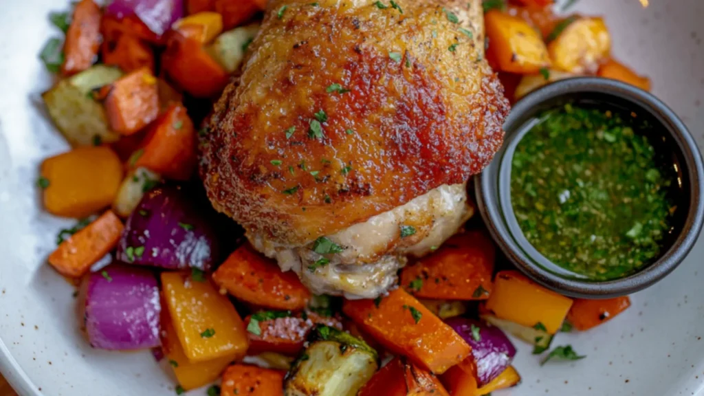 Crispy chicken dinner served on a plate with vegetables