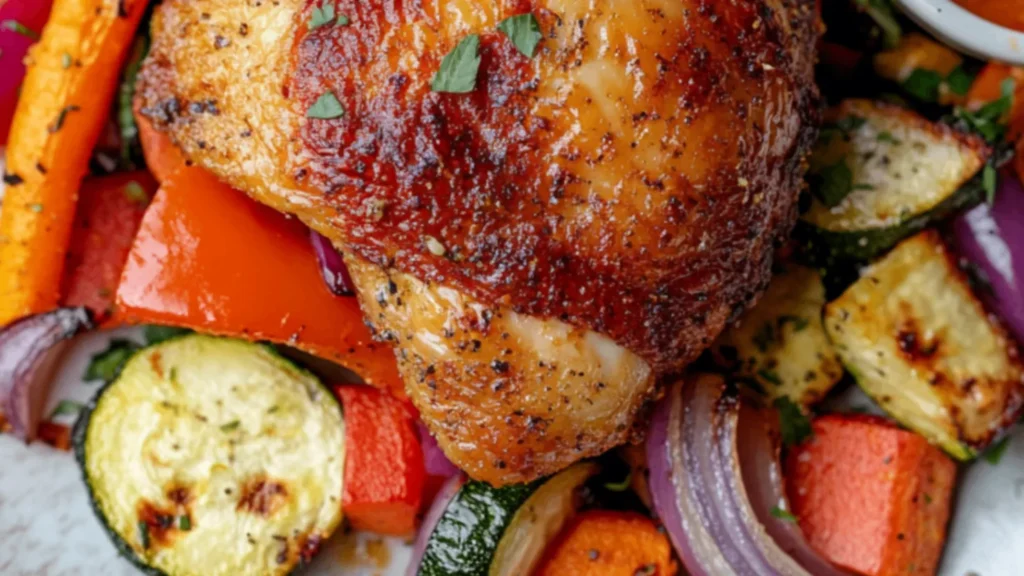 Crispy chicken dinner served on a plate with vegetables