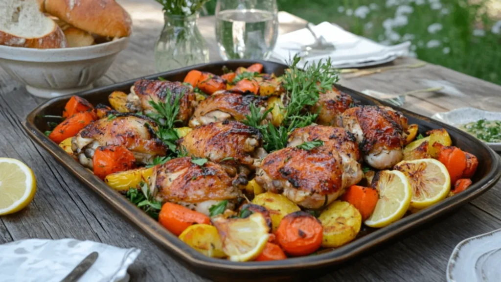 Crispy chicken dinner served on a plate with vegetables