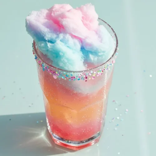 Unicorn Fizz Dream Mocktail in a clear glass with cotton candy on top and rainbow candy rim