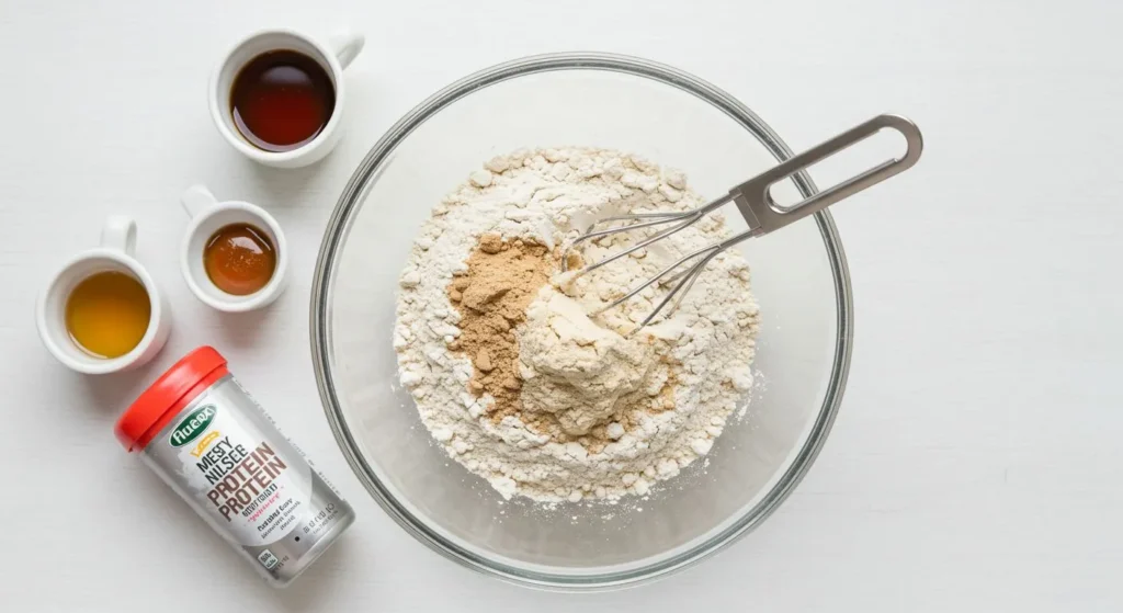 ![Step-by-step preparation of protein cookie dough showing ingredients and mixing process](Image description: An overhead view of mixing ingredients in a clear glass bowl, showing the step-by-step process with measured ingredients arranged around the bowl on a clean white countertop)