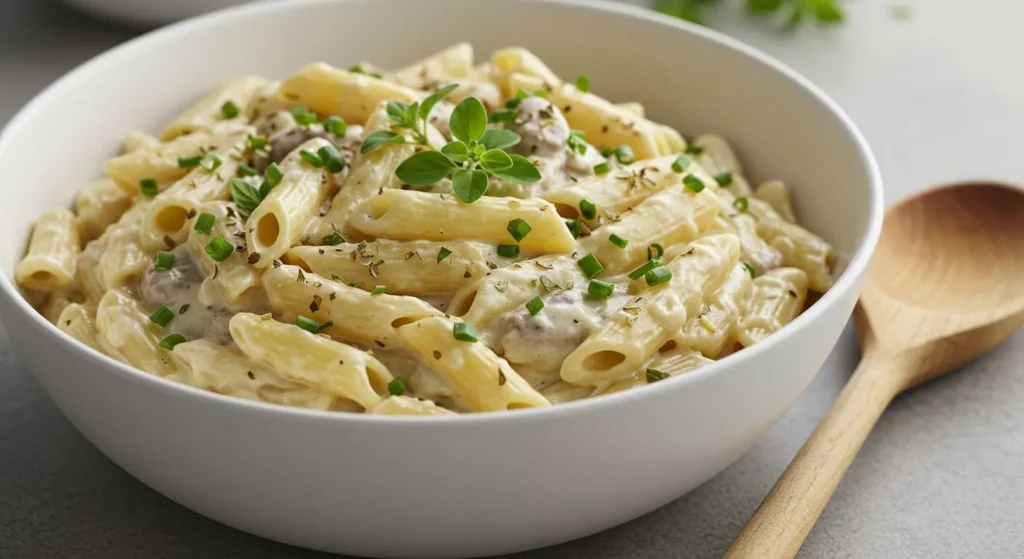 Creamy one-pot pasta served in a large white bowl with fresh herbs sprinkled on top and a wooden spoon resting beside it