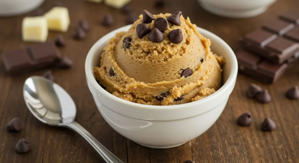 A white ceramic bowl filled with golden-brown protein cookie dough, topped with a few chocolate chips and a metal spoon resting on the side, presented on a wooden surface with ingredients visible in the background)