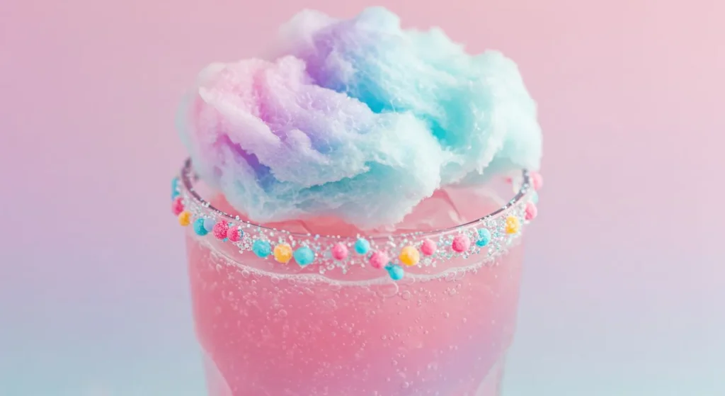 Unicorn Fizz Dream Mocktail in a clear glass with cotton candy on top and rainbow candy rim
