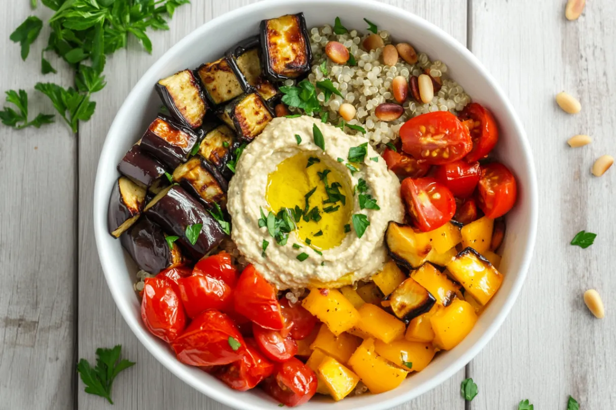 Mediterranean Grain Bowl with Roasted Veggies and Hummus