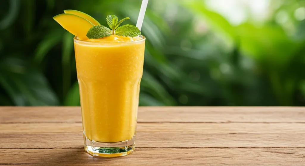 Tropical Mango Smoothie in a tall glass garnished with mango slice and mint, displayed on a wooden table with tropical leaves in background