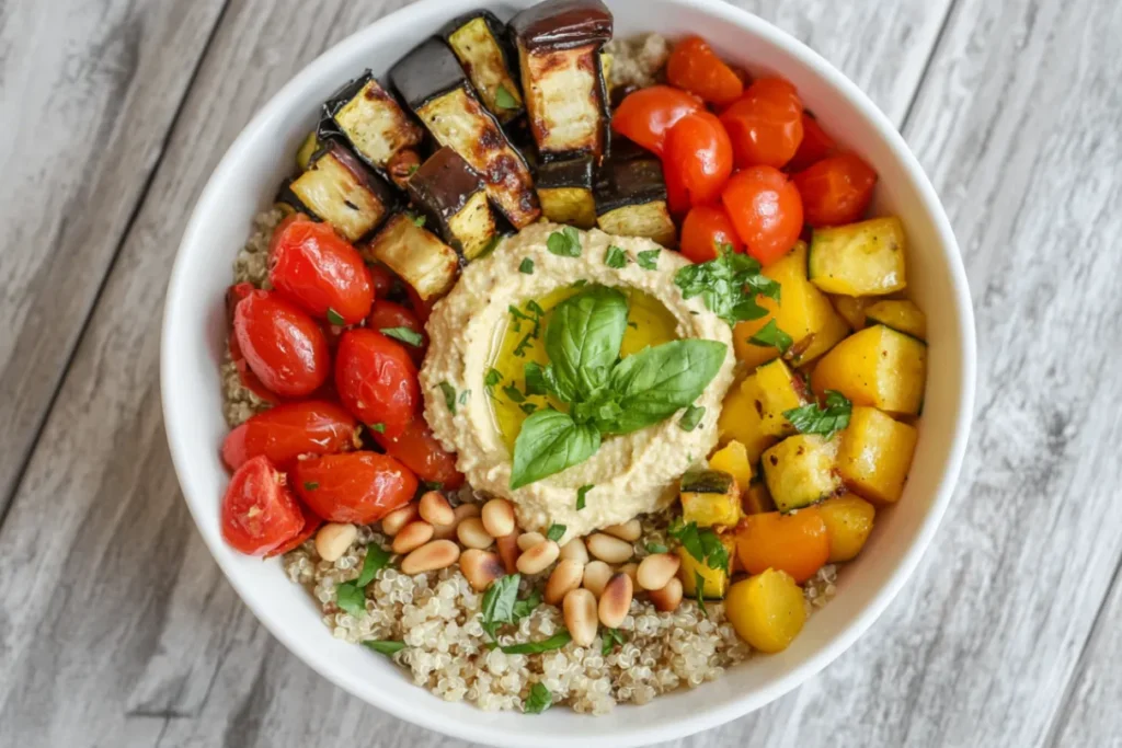 Mediterranean Grain Bowl with Roasted Veggies and Hummus