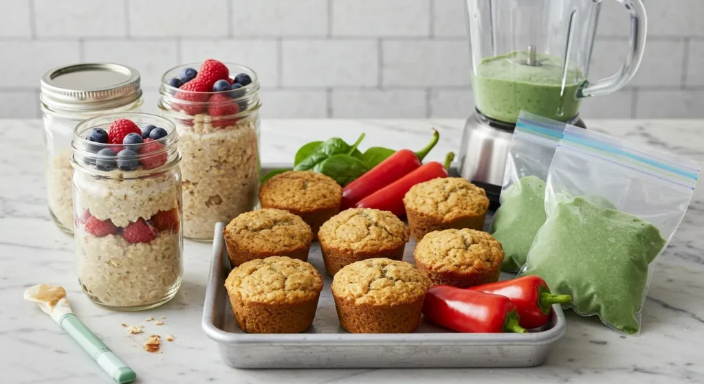A week's worth of PCOS-friendly meal prep containers showing breakfast, lunch and dinner options