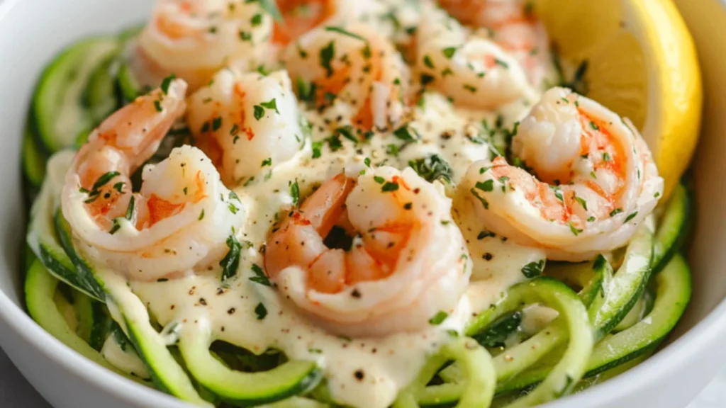 Zucchini Noodles with Creamy Garlic Shrimp low carb