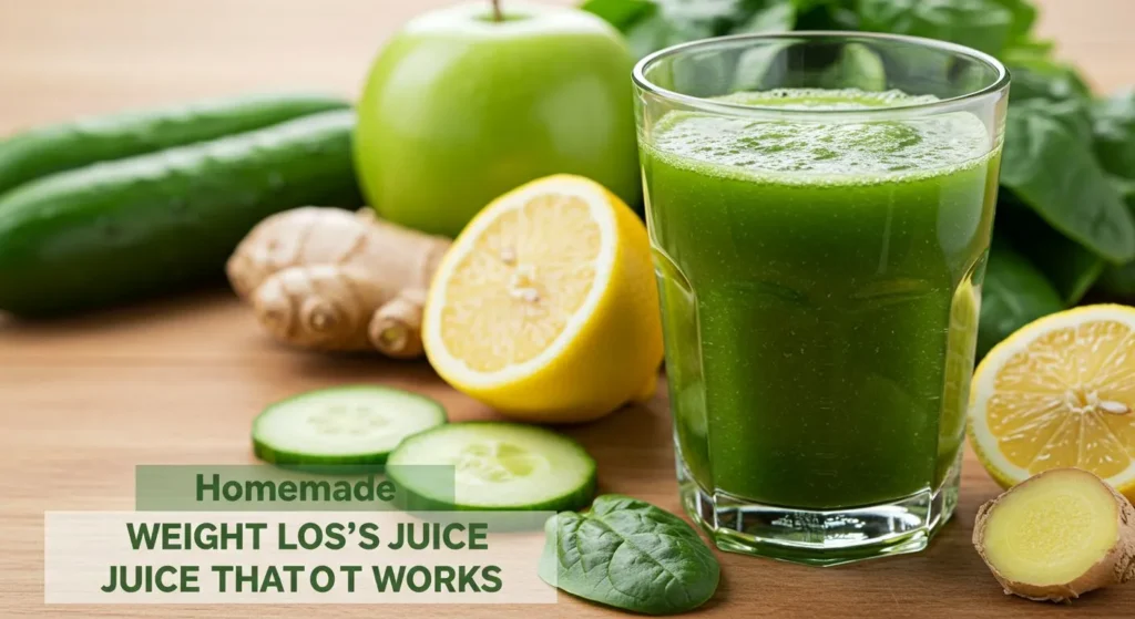 Homemade green weight loss juice in a glass with fresh ingredients surrounding it