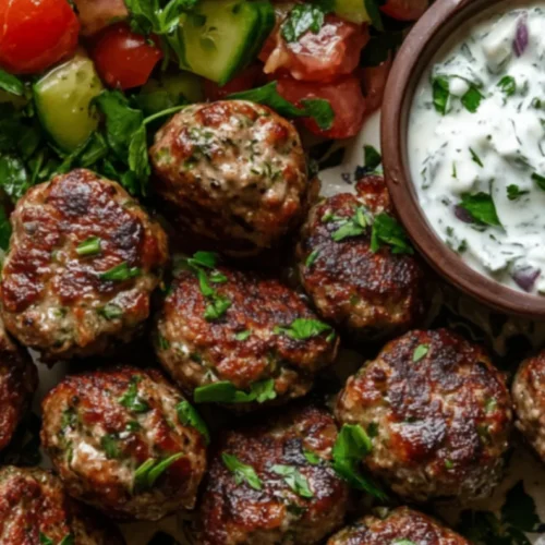 Juicy herb meatballs served with a tangy Greek yogurt sauce and a side of cucumber tomato salad – a perfect low-carb family dinner