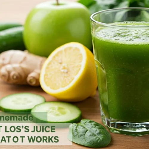 Homemade green weight loss juice in a glass with fresh ingredients surrounding it