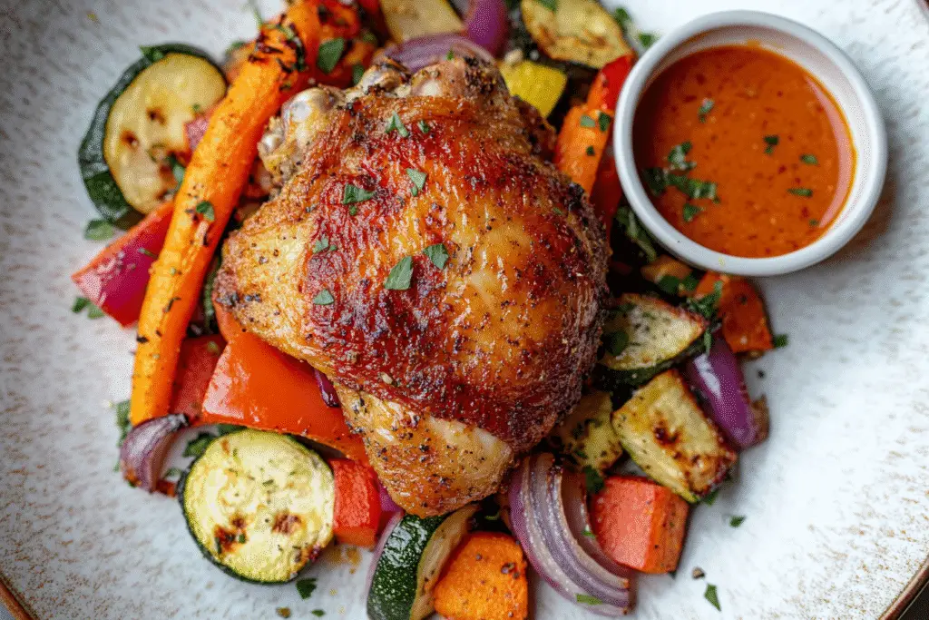 Crispy chicken dinner served on a plate with vegetables