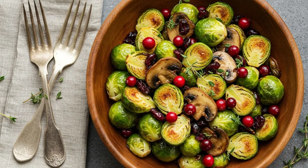 Crispy Brussels Sprouts with Mushrooms and Cranberries