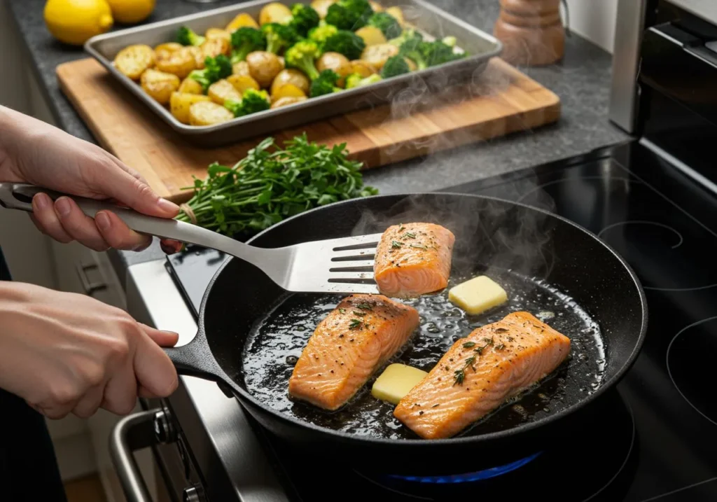 Lemon Butter Salmon with Crispy Potatoes and Broccoli