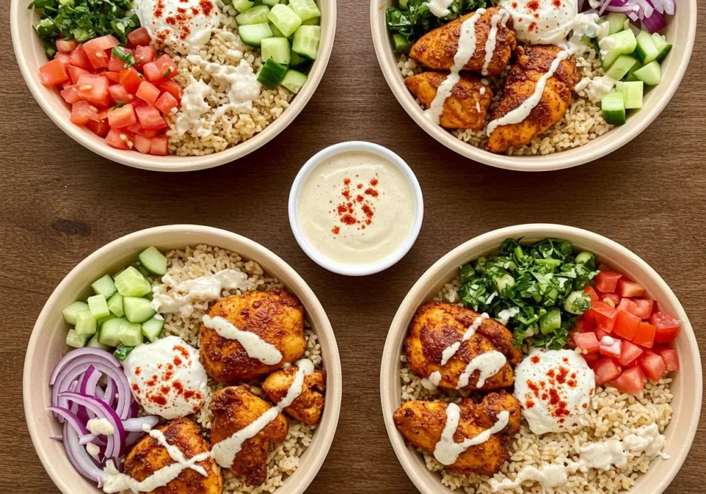 A beautiful overhead shot of four Lebanese chicken shawarma bowls arranged on a rustic wooden table. Each bowl contains perfectly seasoned golden-brown chicken pieces, fluffy rice, fresh vegetables including diced tomatoes, cucumbers, and red onion, all drizzled with creamy tahini dressing. The bowls are garnished with fresh parsley and paprika. Natural lighting, professional food photography style, vibrant colors.
